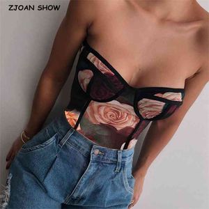 Lato Sexy Duży Kwiat Druku Mesh Spaghetti Pasek Body Kobiety Tube Top Top Krótki Kombinezon Slim Fit Pajacyki Playsuits 210429