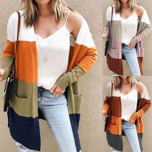 Sweter zimowy Kobiety Patchwork Kolory Long Cardigan Sleeve Kieszenie V-Neck Kobiet Casual Slim Fit Tops 210604