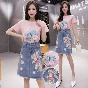 Summer Beading Women Sets Heavy Work Embroidery D Flower Short Sleeve T Shirt And Jeans Skirt Piece Suit Casual Clothing