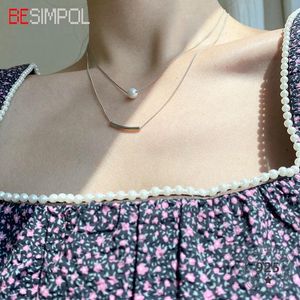 Besimpol Real 925 Sterling Silver Double Chain Necklace女性のためのエレガントなパールクラビクルファインジュエリーギフトチェーン