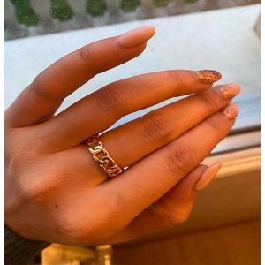 Gold Color Plating Chain Shape Ring 7mm Wide for Unisex Vintage Gothic Chunky Midi Ring Antique Jewelry Accessory