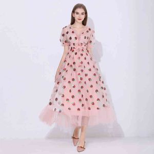 Sequins Strawberry Dress Women Vintage Elegant Party V Neck Puff Sleeve Floral Mid Sexy Mesh es 210515