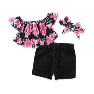 Toddler Baby Girls Clothing sets Off Shoulder Tops Shirt Floral Hole shorts Outfits Kids Girl Summer 56 Z2