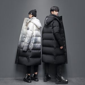 Winter X-lange Unten Jacke Männer Farbverlauf Winddicht Wärmer Puffer Jacken Paare Mode Mit Kapuze Schnee Parkas Mantel Frauen