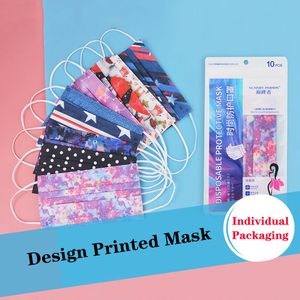 10st / väska disponibel tryckt ansiktsmask för vuxen förtjockad individuellt inslagna 3-skiktskyddsmasker