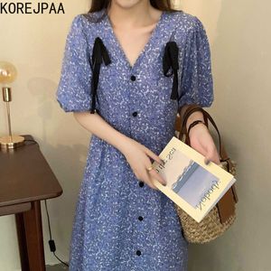 Korejpaa Women Dress Summer French Gentle Floral V-Neck Bow-Knot Decoration Lace-Up Single-Breasted Puff Sleeve Vestidos 210526