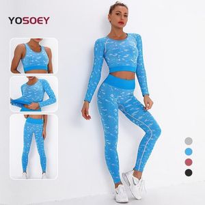 Yoga Outfit Yosoey Zestaw Bez Szwu Damskie Odzież Sportowa Gym Odzież Garnitur Fitness Z Długim Rękawem Crop Top High Waist Legginsy Trening Sport Brak