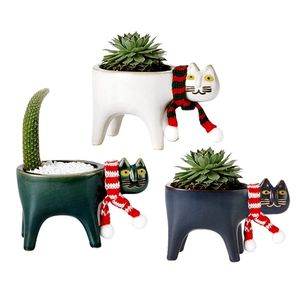 Cartoon Cat Ceramic Plant Planting Flower Pot with Drainage Desktop Decoration Succulent Pots Cactus Planter Permeable Type Home 211130