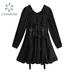 Frauen Gothic Punk Crop Kleid Hohe Taille Schlank Kordelzug Schnürung Schwarz Streetwear Lolita Mode Kleider Goth Ins Vestidos 210515