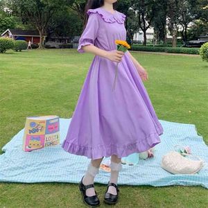 Japanese Summer Women Lolita Style Dress Peter Pan Collar White Purple Fairy Princess Elegant Kawaii Ruffles Sweet es 210520