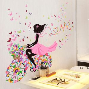 Adesivo murale Decorazioni per la casa Farfalla romantica Fiore Bicicletta Nastro Ragazza Adesivo per pareti Camera da letto Dormitorio RRD12067