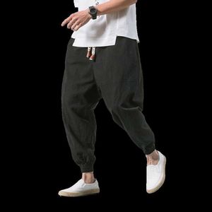 Black Pants Men Japanese Streetwear Cotton Linen Loose Trouser Fashion Male Elastic Waist Harem Pants 210601