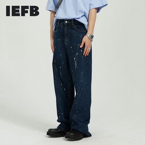 IEFB Men's Wear Korean Fashion Splash Ink Design Loose Mid Waist Casual Dark Blue Jeans Streetwear Denim Trousers Y7118 210524