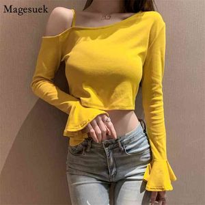 Autumn Cotton Vintage Long Sleeve Shirt Skew Collar Off Shoulder Short Sexy Top Women Casual White Blouse Femme 12339 210512