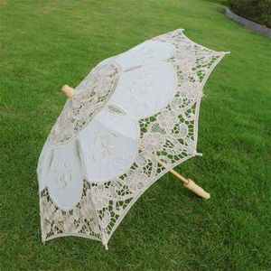 Sun Paraply bomull broderi brud vit elfenben Battenburg spets parasoll dekorativt paraply för bröllop 210721