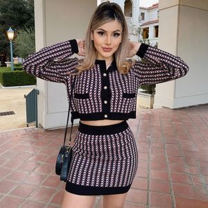 Spring Pink Houndstooth Two Pieces Dress Set Women Vintage Long Sleeve Cardigan Mini Skirt Sets Elegant Outfits Hot 210422