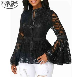 Koreański Plus Size Kobiety Koronki Długie Flare Rękaw Bluzka Slim Fit Fit-Wash Siatki Kobiet Topy Blusas 7946 50 210506