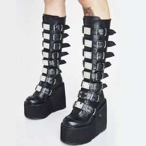 Boots Brand Design Big Size Black Gothic Style Cool Punk Motorcycles Female Platform Wedges High Heels Calf Women Shoes
