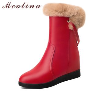 Platform Low Heel Snow Boots Woman Real Leather Ankle Height Increasing Short Zip Female Shoes Red 42 210517