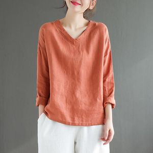 Johnature Höst Retro bomullslinne Solid Färg V-Neck Långärmad Pullovers Skjorta Lös bekväm All-Math Women Top 210521