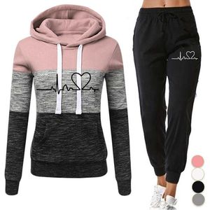 Women Tracksuit 2 Pieces Set Winter Hoodies+Pants Patchwork Pullover Sweatshirt Female Sport Suit Outfits for Woman Clothing 210930