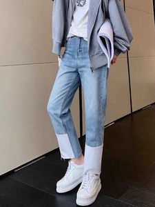 Kuho koreanska Xiaoo20 Höstens fashionabla vita bredstygnsignal Hög midja rakt rör grovt nio poäng jeans