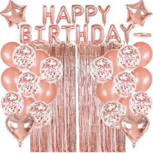 Rose Gold Birthday Balony Zestaw Happy Birthday Letter Star Heart Balloon Fringe Curtain Dla Dzieci Dorośli Urodziny Dostawy X0726