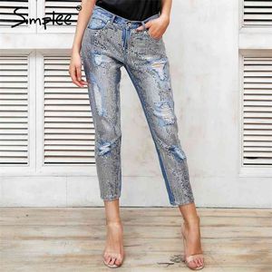 Sequin hole blue jeans women bottom Streetwear zipper fringe ripped pants Spring trousers loose female denim 210708