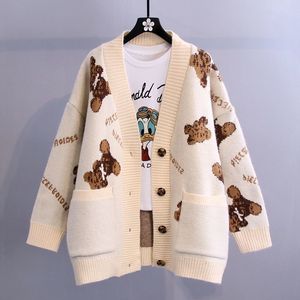 Lazy Style Women Casual Cardigan Koreanska Stickad Tröja Brev Liten Bear V Nacke Lossa All-Match Ladies Fashion Coat Top TT0057