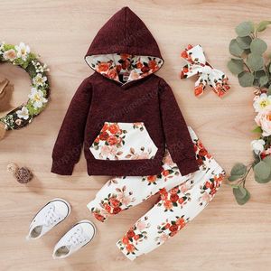 Girl Clothing Set Long Sleeve Flower Print Wine Red Hoodies+ Pants Autumn Cotton Soft Kids clothes Three Piece sets 0-24 months