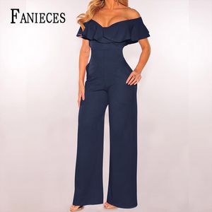 Primavera verão mulheres fora ombro ruffles clubwear playsuit bodycon macacão romper macacão magro skinny fêmea preto longo calças 210520