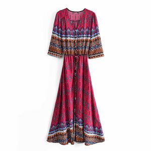 Mulheres verão túnica vestido kaftan v-pescoço vintage elegante elegante mulher casual impresso boho maxi vestido femme robe 210709