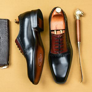 Lacing Mens Italiano Preto Preto Sapatos de Couro Genuíno Negócios Oxford Brogue Sapatos Vinho Vermelho Quadrado Cabeça Vestido Sapato