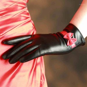 Five Fingers Gloves KLSS Brand Genuine Leather Women Winter Plus Velvet High Quality Goatskin Red Bowknot Lady Sheepskin Glove 130252