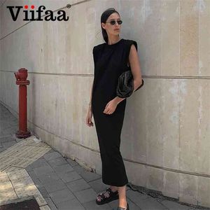 Viifaa Sleeveless Shoulder Pad Casual Black Elegant Long Dress Streetwear Women Loose Robe Split Back Summer Midi Dresses 210630