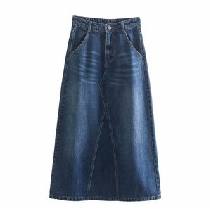 Retro Long Denim Saias para Meninas Mulheres Cintura Alta Botões de Bolsos Calças de Jeans Direto Maxi Mulher High-waisted Skirt 210520