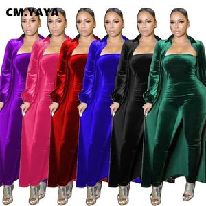 CM.YAYA Active Velvet Sweatsuit Two 2 Piece Set for Women Fitness Outfit X-long Cloak Tops + Bodycon Romper Tracksuit 211105