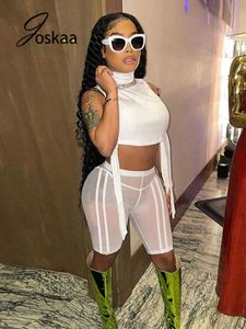 Joskaa 2021 Kvinnor Vit Mesh Se genom kostymer Sommar Turtleneck Bandage Crop Top Tank + Skinny Shorts 2 st Set Party Clubwear Y0719