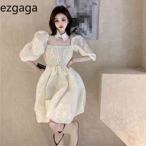 Ezgaga Korean Fashion Ball Gown Dress Women Chic Puff Slevee Summer Square Collar Jacquard Elegant Floral Party Dress Vestido 210430