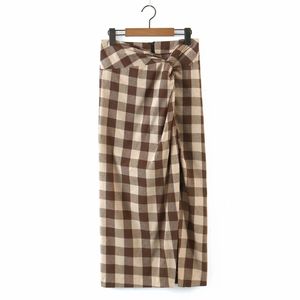 Vårkvinnor knut dekoration sida slit plaid midi kjol casual kvinnlig lös streetwear mode damer p1990 210430