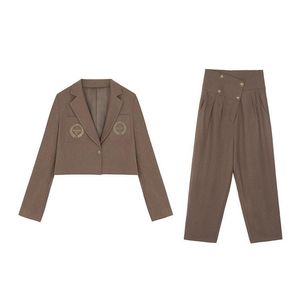 Women Long Sleeve Two Pieces Set Blazer Full Length Pants Solid Brown Sash Casual T0416 210514