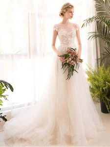 Vintage Bohemian A Line Wedding Gowns Cap Short Sleeve Tulle illusion See Through Summer Beach Pregnant Bridal Dresses