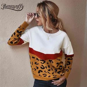 Damska Jesień Zimowy Blok Kolor Leopard Sweter Dorywczo O-Neck Długi Rękaw Swetry Swetry Knitwear 210510