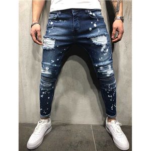 Мужские джинсы регулярные подходит для печати сломанные отверстие дизайн мода лодыжки молния узкие джинсы для летних модных джинсов на модных модах хип-хоп синий стретч джинсы х0621