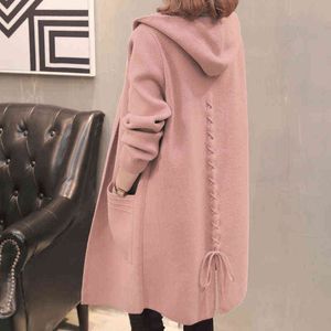 Plus Size Women's Hooded Cardigan Coat Höst Vinter Koreanskt Tjockad Varm Lady Mid-Length Stickade Toppar 5XL Pull Femme 211117