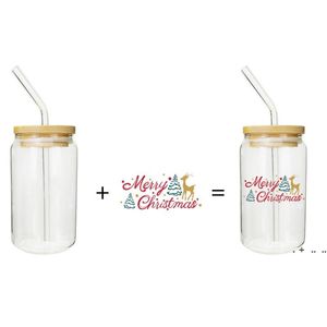 12oz sublimering klart glas kan tomt DIY vin tumbler frostat koksburk med bambu lock utomhus picknick kaffe mjölk kopp sjön CCF13855