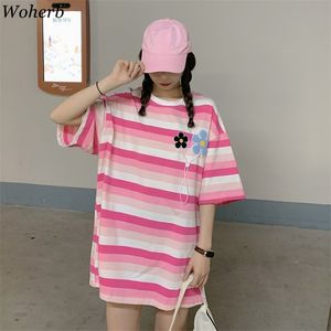 Korean Vintage Rainbow Striped Woman T-shirts Floral Patch Summer All Match O-neck Kawaii Cute Fashion Ropa Mujer 210519