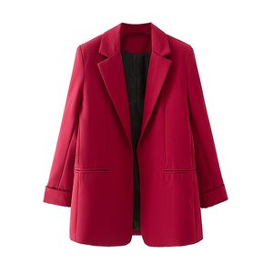 Zarif Kadınlar Chic Katı Kırmızı Blazer Moda Bayanlar Cep Ceket Streetwear Kadın Nedensel Çentikli Yaka Hırka 210430