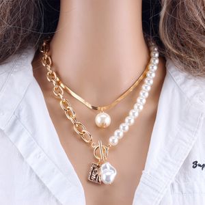 Moda 2 camadas pérolas pingentes geométricos colares para mulheres ouro metal cobra cadeia colar novo design jóias presente