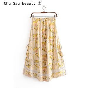 Chu Sau Beauty Moda Boho Floral Print Letnie Koronki Patchwork Długie Spódnice Kobiety Wakacje Chic Elastyczna Talii Spódnica Kobieta 210508